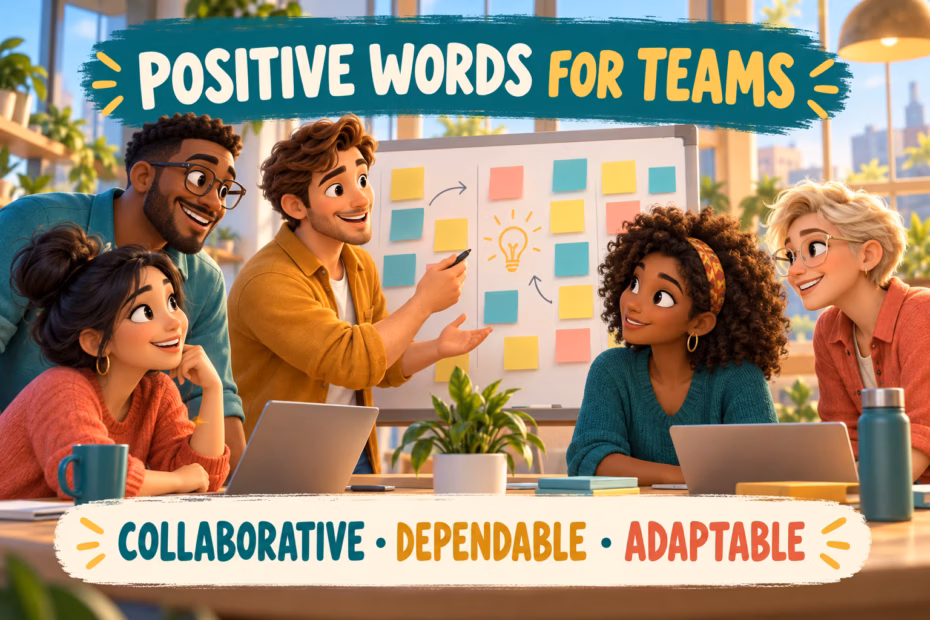 Illustration of a team planning together, with labels for collaborative, dependable, adaptable and inclusive.