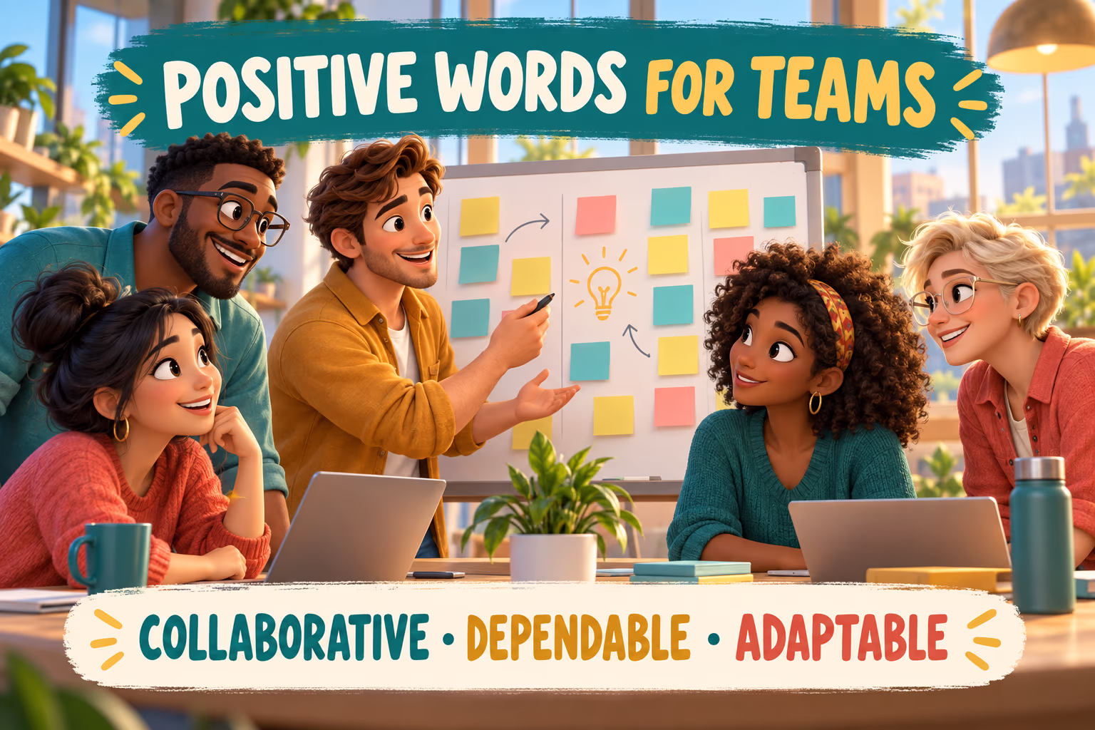 Illustration of a team planning together, with labels for collaborative, dependable, adaptable and inclusive.