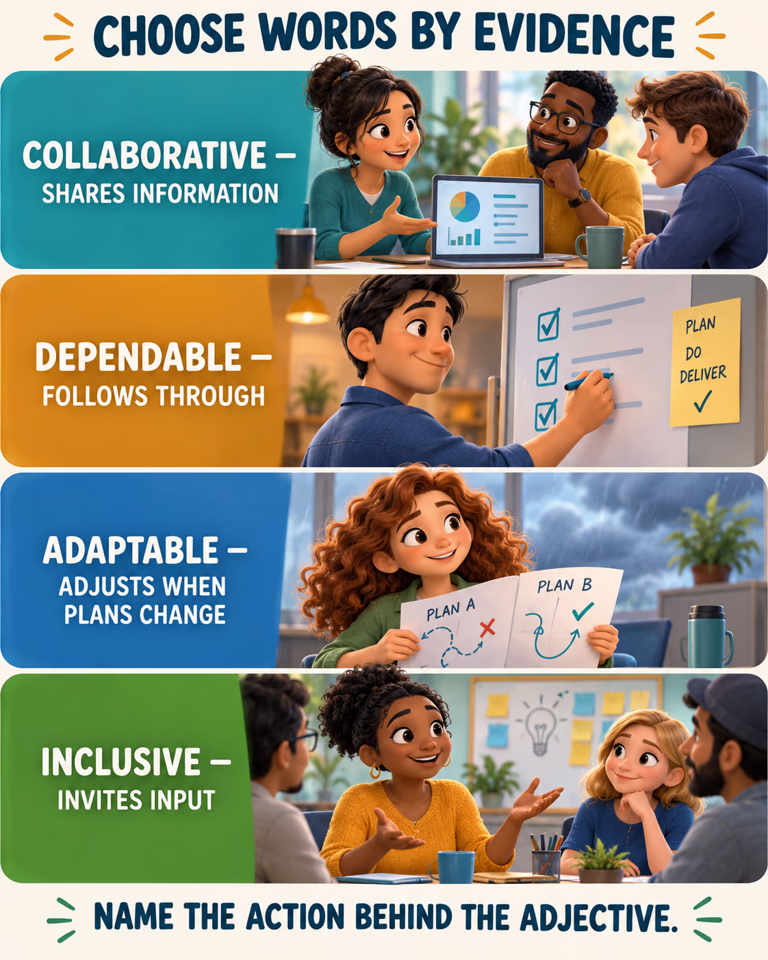 Infographic connecting collaborative, dependable, adaptable and inclusive with observable team actions.