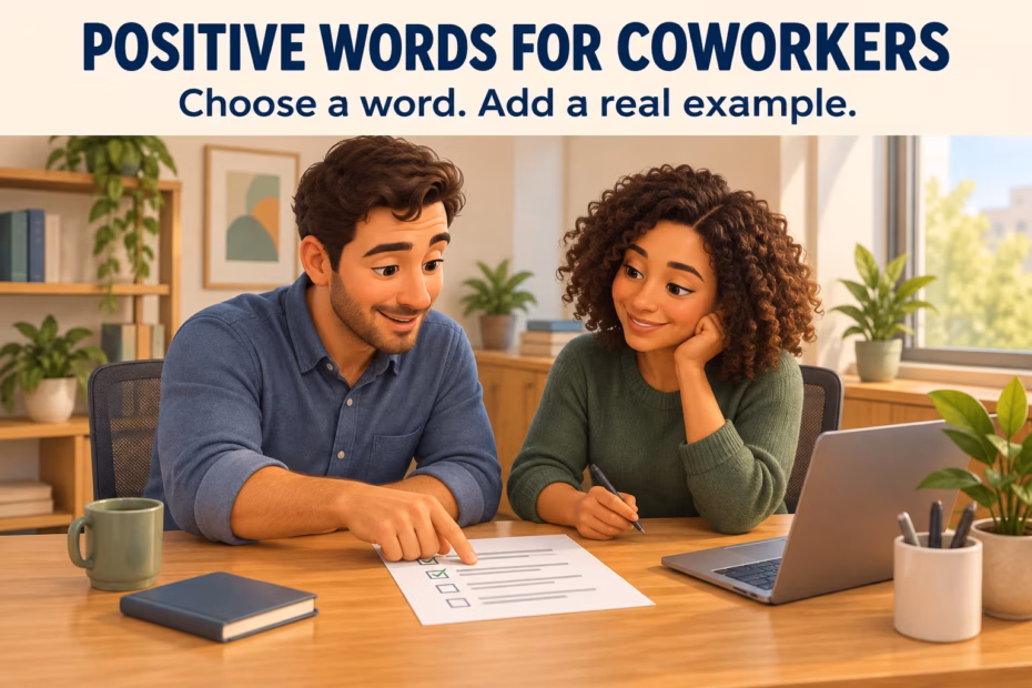 Two coworkers reviewing a project document together, illustrating specific and respectful workplace praise