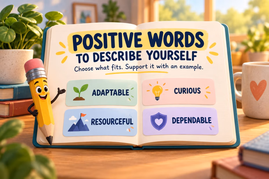 Notebook illustration titled Positive Words to Describe Yourself with Adaptable, Curious, Resourceful, and Dependable descriptor cards
