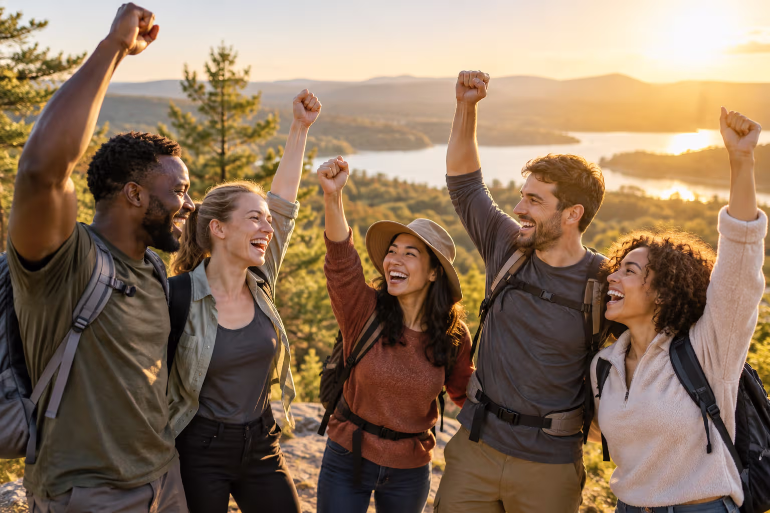 A group of friends celebrates together outdoors, smiling and raising their hands.
