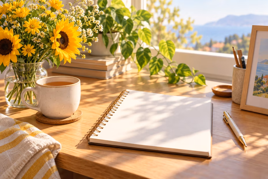 A sunlit desk with an open blank notebook, yellow flowers, and a cup of tea.