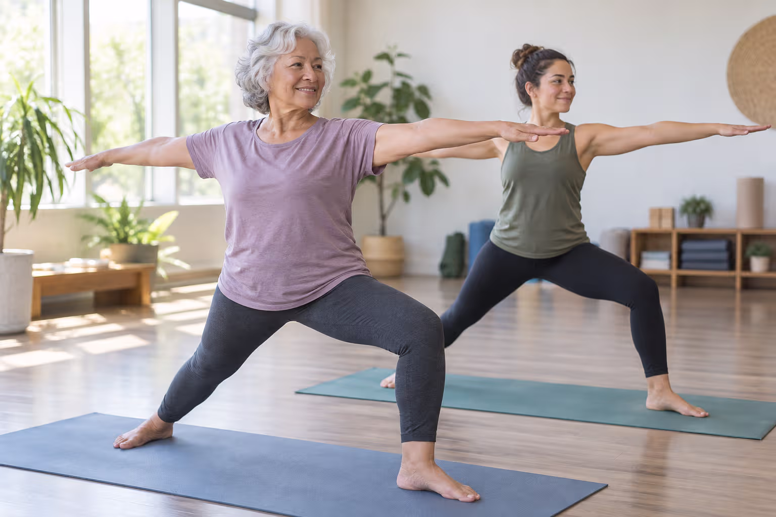 An older adult and a younger adult practice a balanced yoga pose side by side in a bright studio.