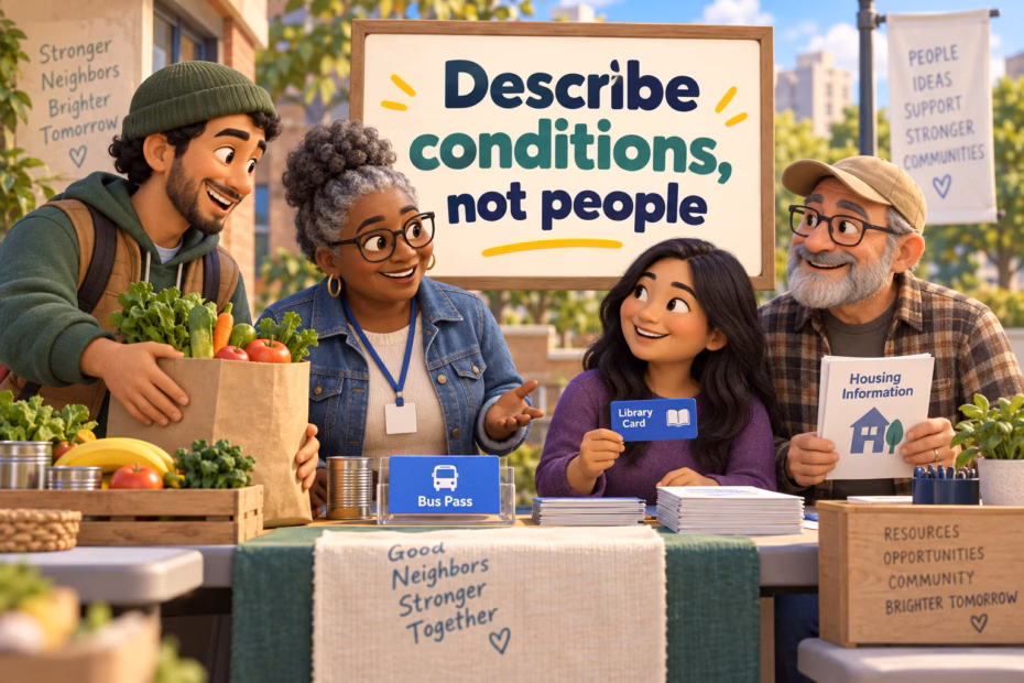 A community table with resource information and produce, illustrating the message “Describe conditions, not people.”