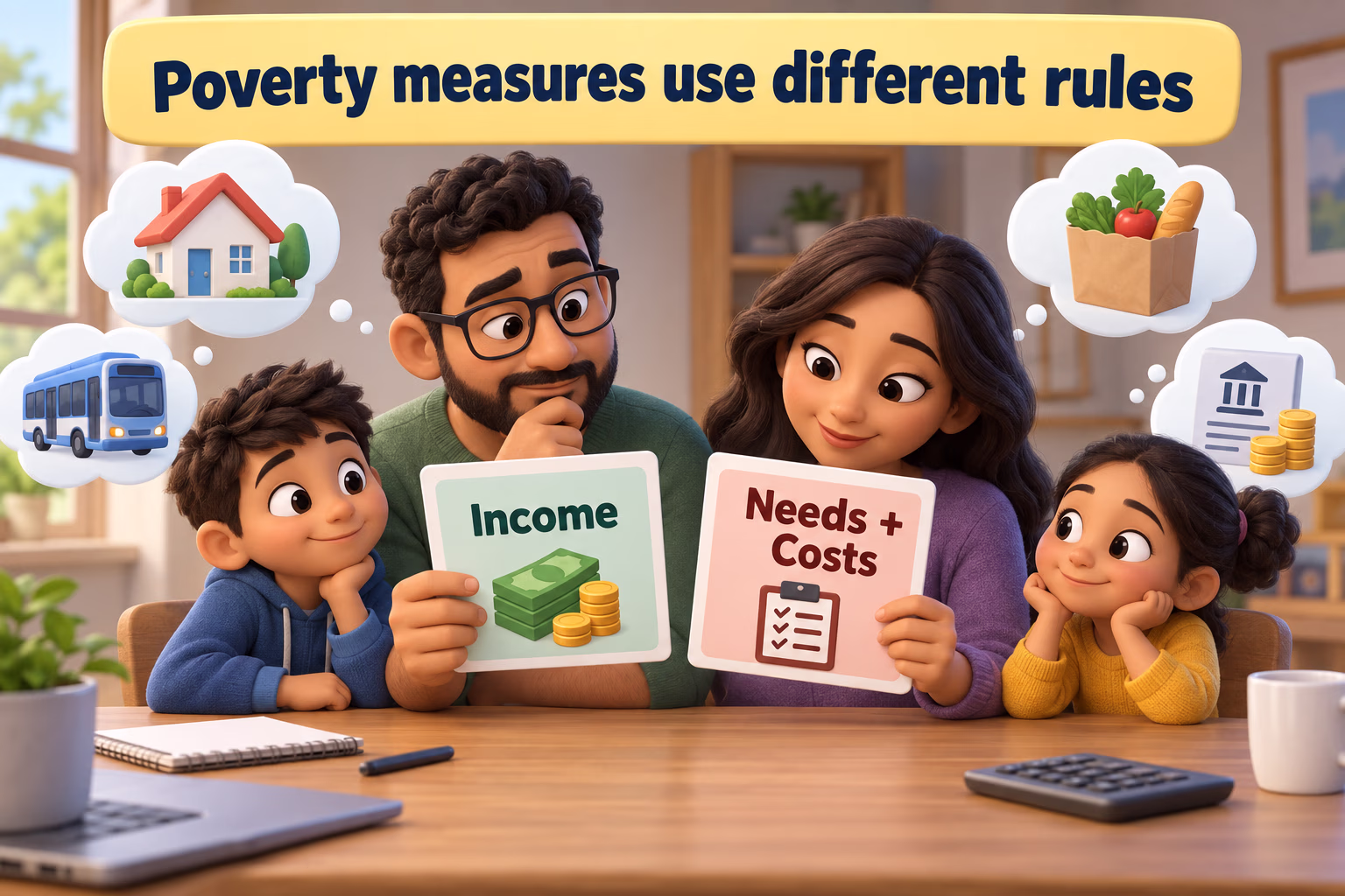 A family compares income with needs and costs to show that poverty measures use different rules.