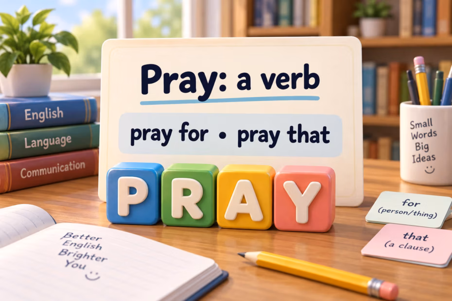 Pray: a verb; pray for + a person or thing; pray that + a clause.