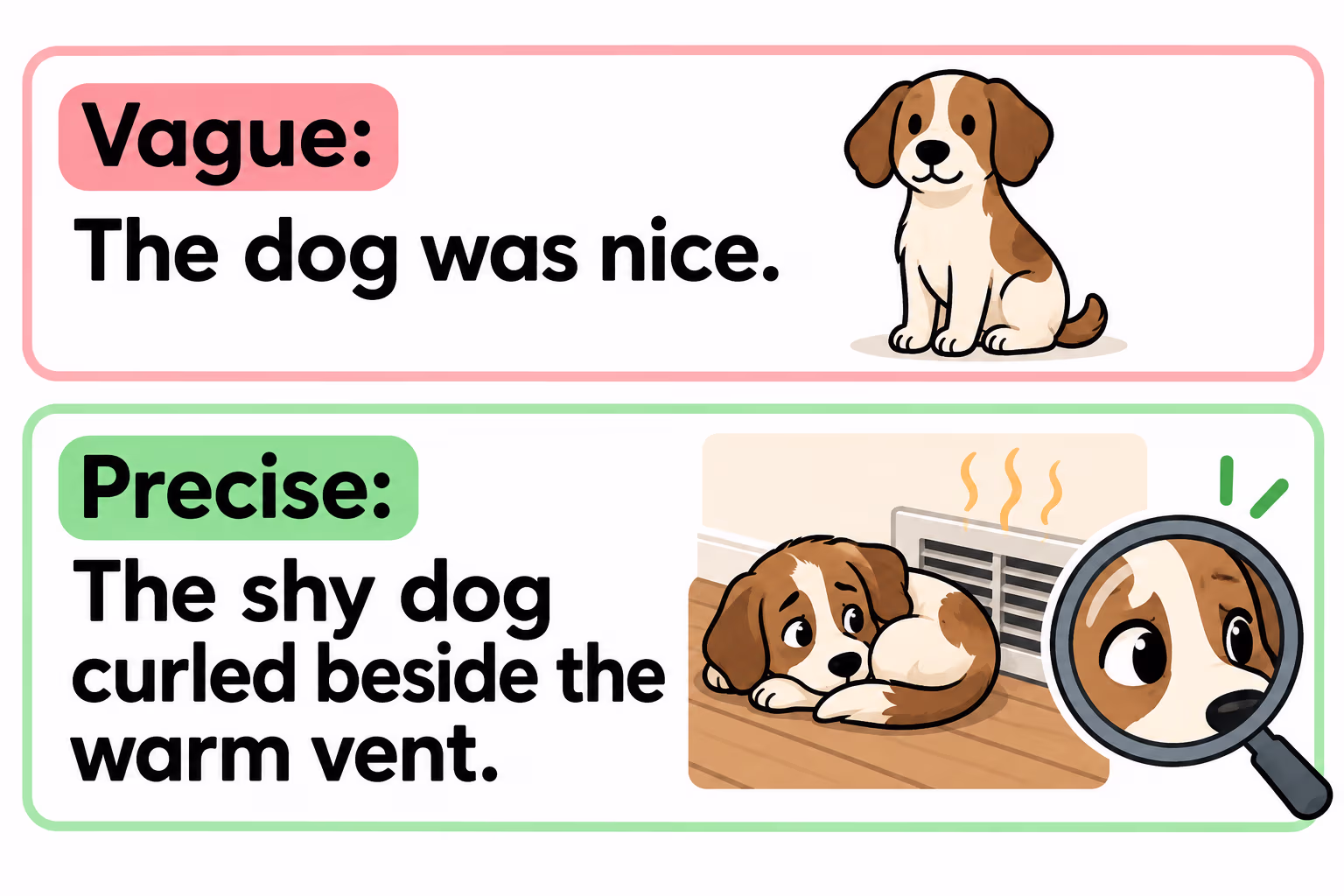 Example comparing a vague adjective with a precise sentence about a shy dog beside a warm vent