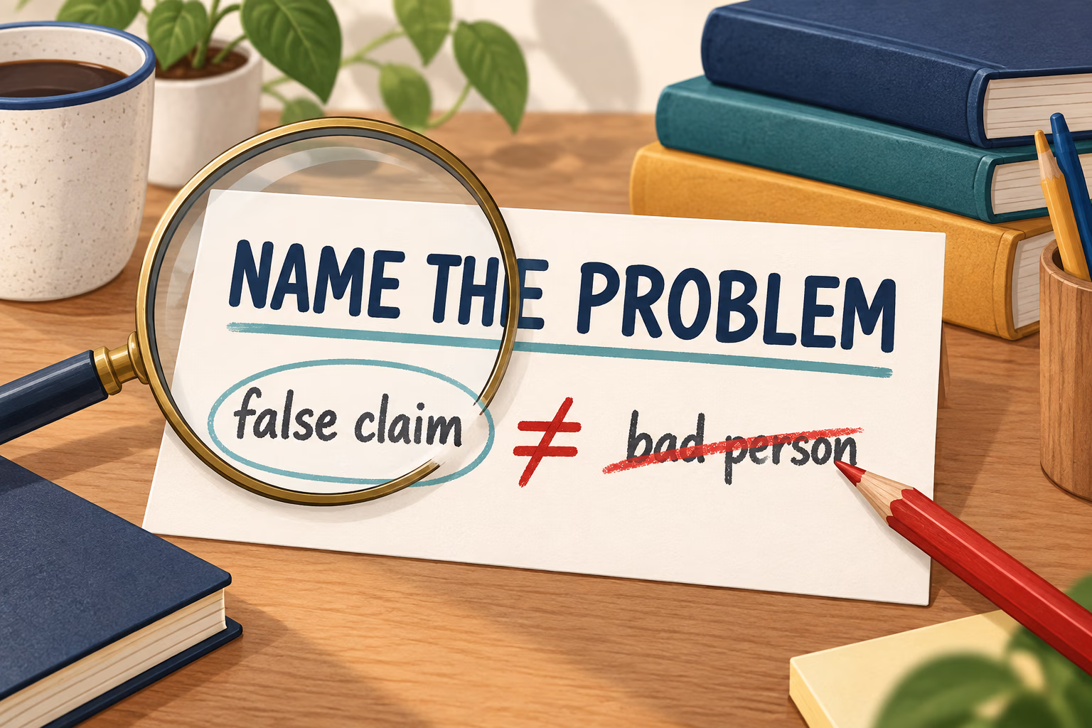 A magnifying glass highlights a false claim while a broad personal label is crossed out