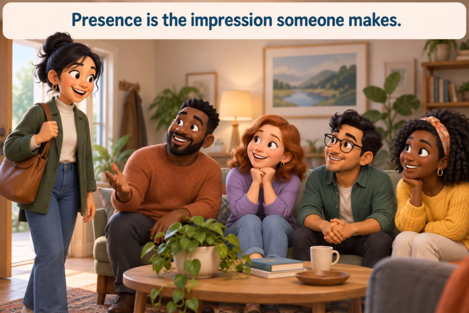 A person joins a small conversation and others turn to listen. Text: “Presence is the impression someone makes.”