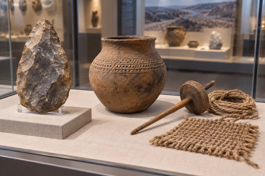 A museum display of a flint hand tool, clay vessel, wooden spindle, and woven cordage illustrates early technologies.