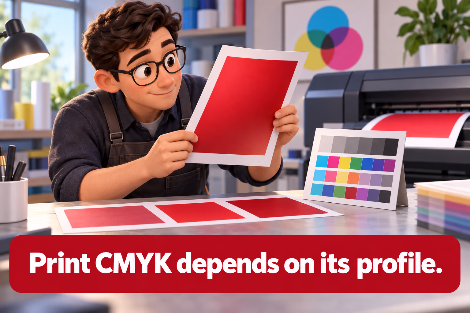 A print technician checks red proof sheets beside a printer and abstract calibration chart; the label says print CMYK depends on its profile.