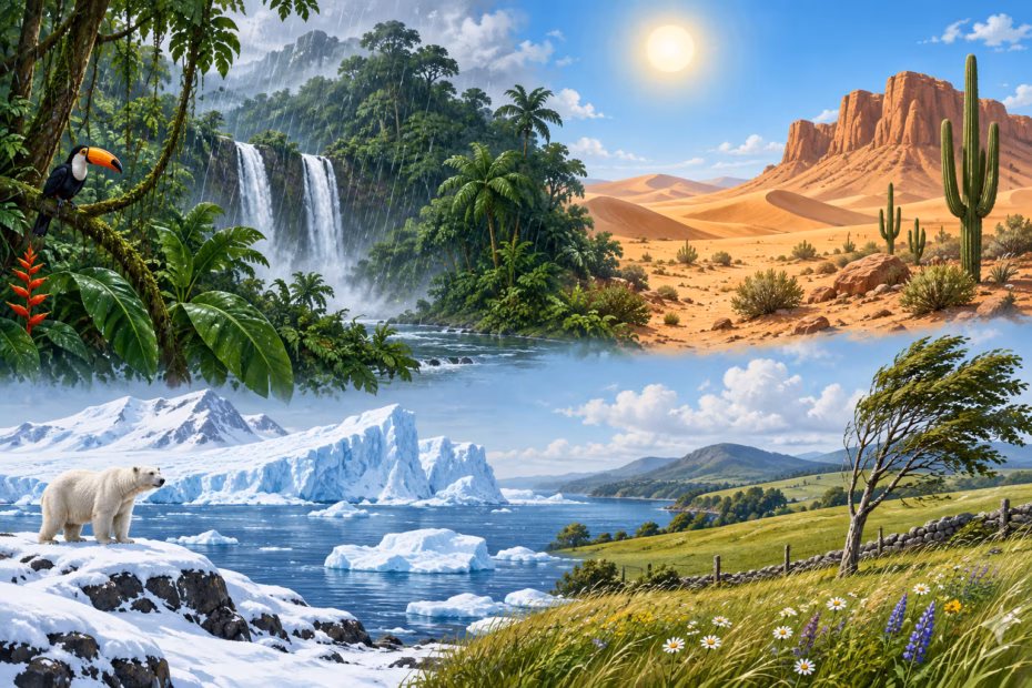 Illustrated tropical rainforest, desert, polar shore, and temperate meadow show different climate patterns.