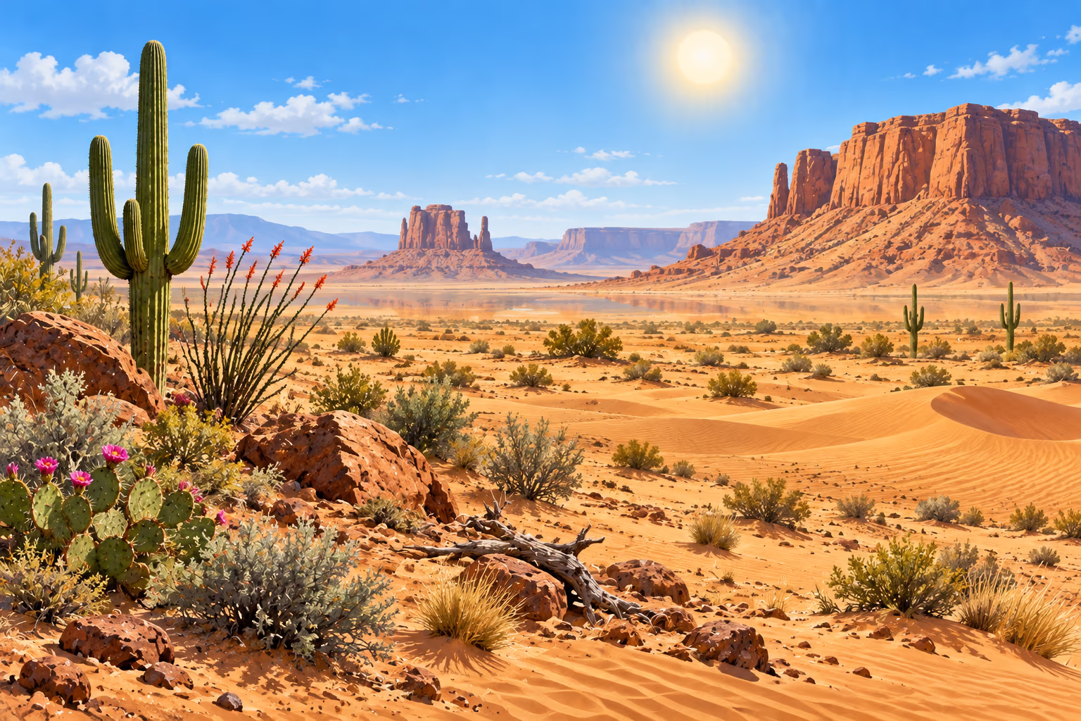Sunlit desert landscape with sparse plants, illustrating arid conditions.