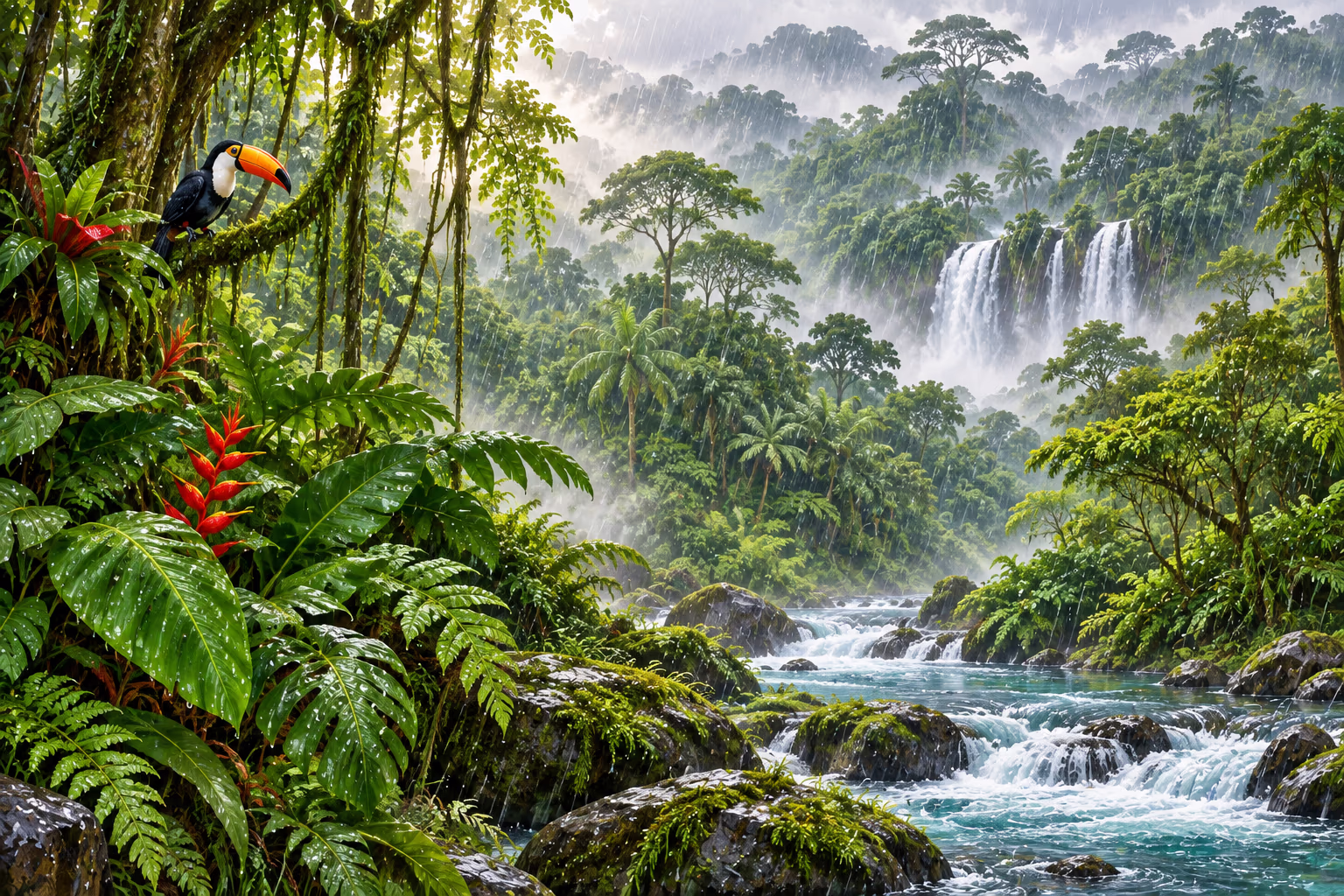 Rain falls over a dense tropical forest, illustrating humid and wet conditions.