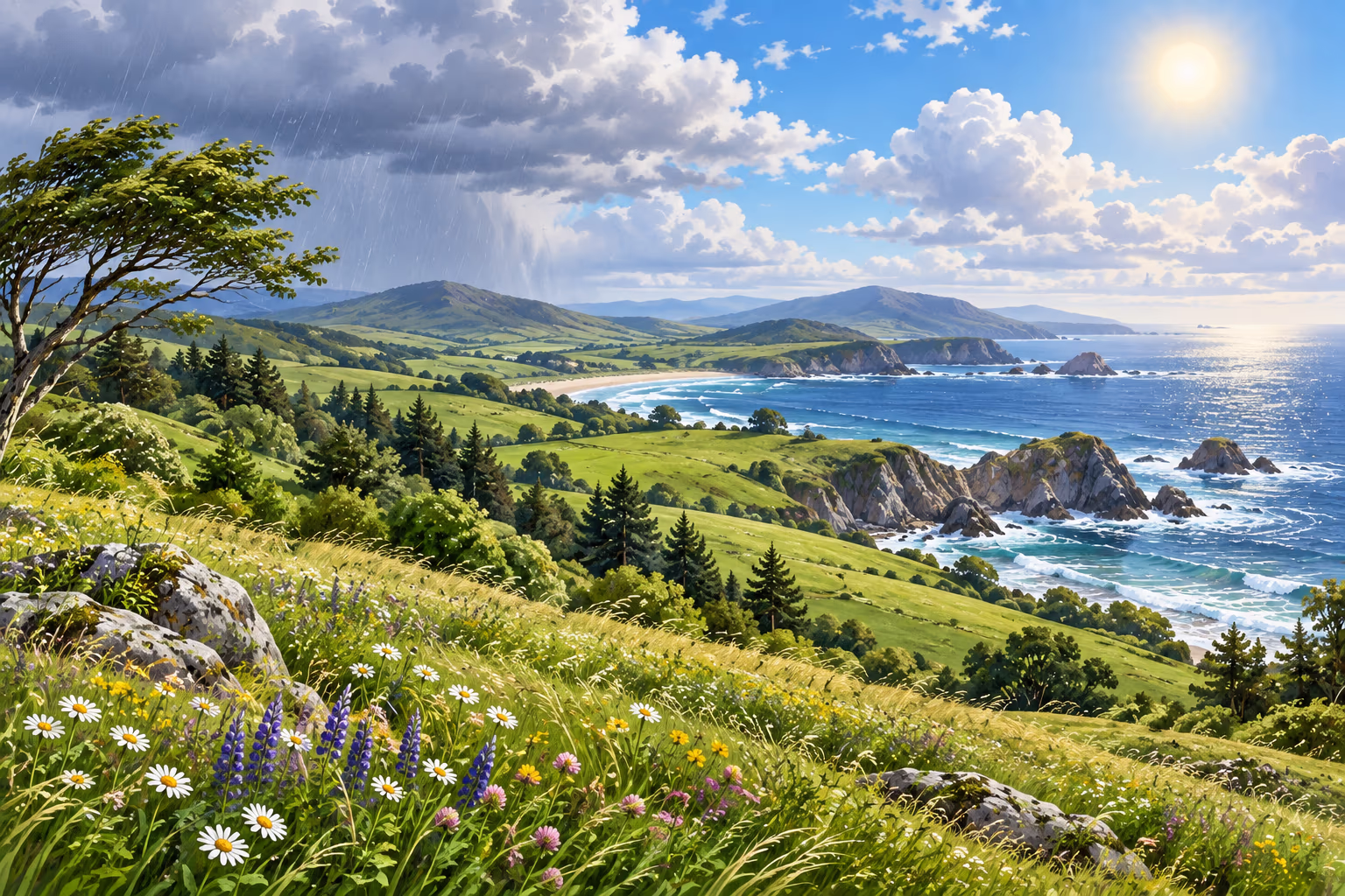 A temperate coastal meadow under changing clouds, illustrating varied conditions.