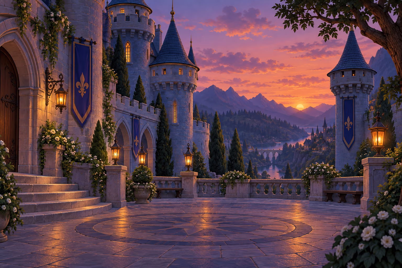 An original fairytale castle courtyard at dusk with blue stone towers and lanterns.