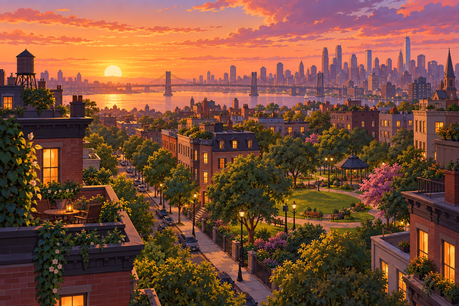Original animated city neighborhood at sunset with rooftops, a park, and warm windows.