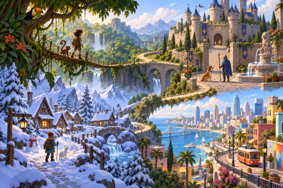 Illustrated story settings include a jungle, castle courtyard, snowy village, and modern city.