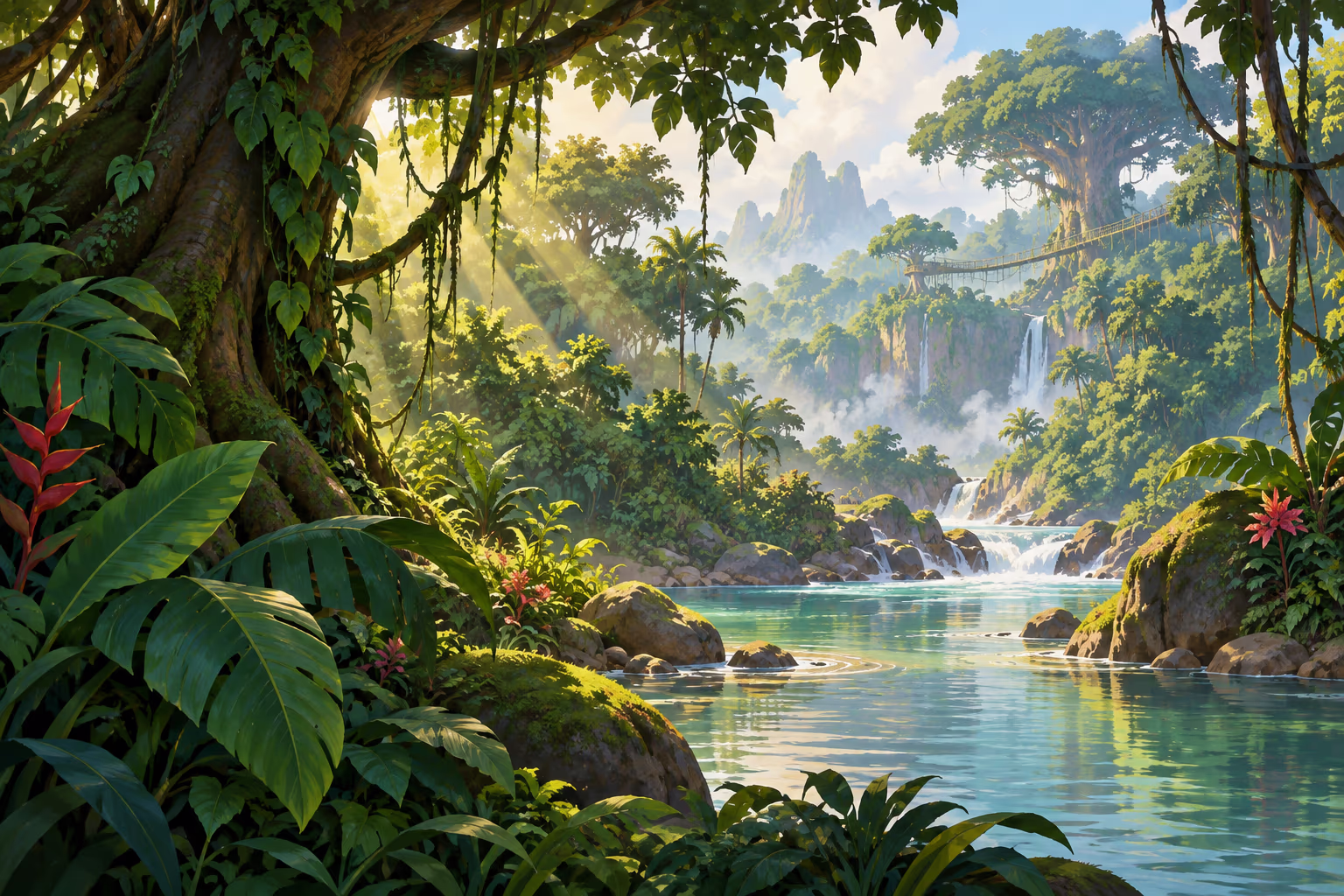 Original storybook jungle setting with broad leaves, a river, and sunlit vines.