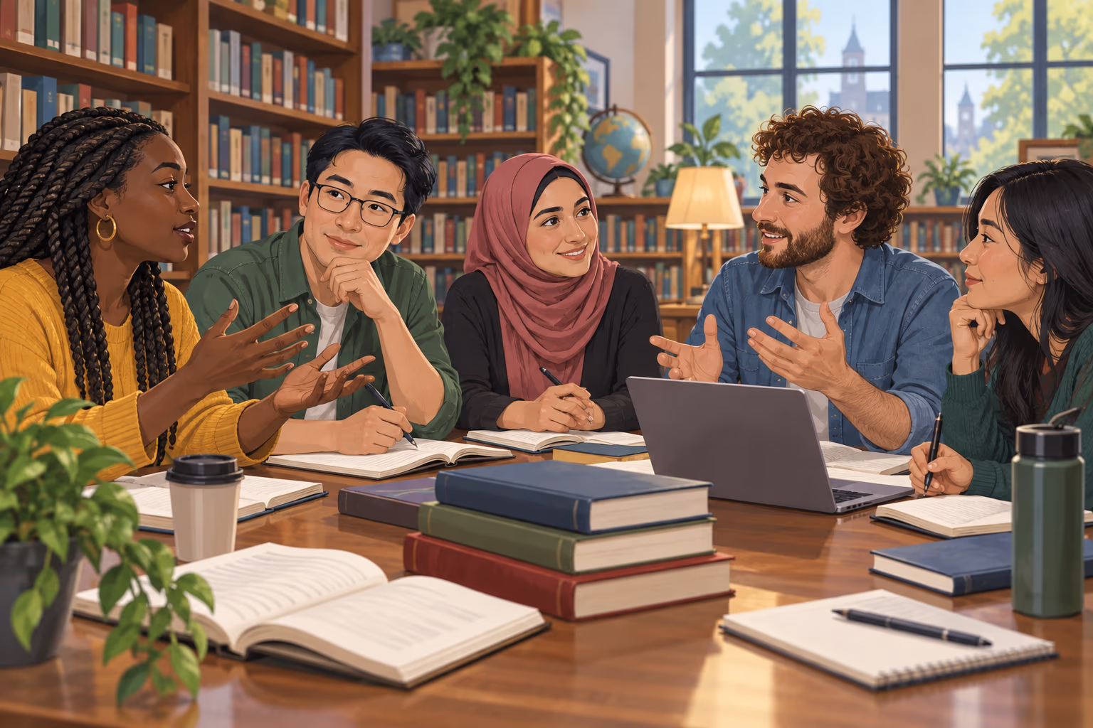 Adult students sharing ideas around a library table with books and notes.