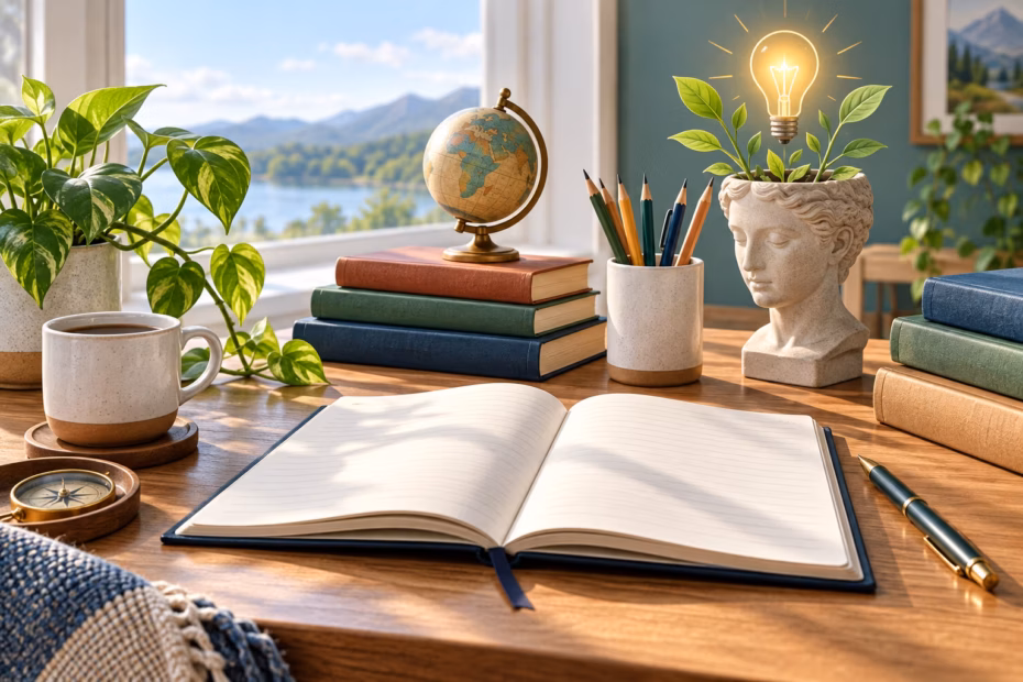 Writing desk with notebook, pencils, books, and a leafy plant, illustrating learning and writing.
