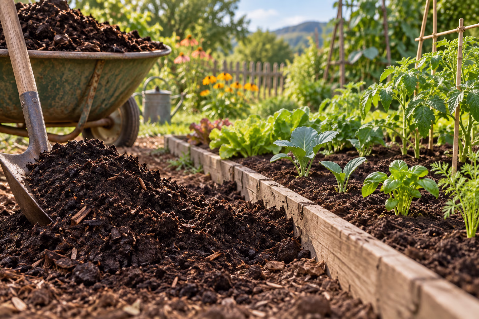 Garden soil enriched with dark compost beside sprouting plants.