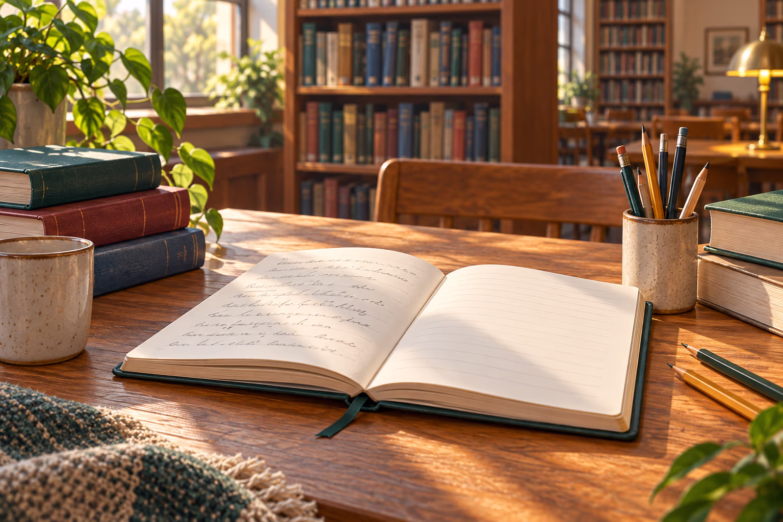 Open notebook and books on a library table, illustrating learning and writing.