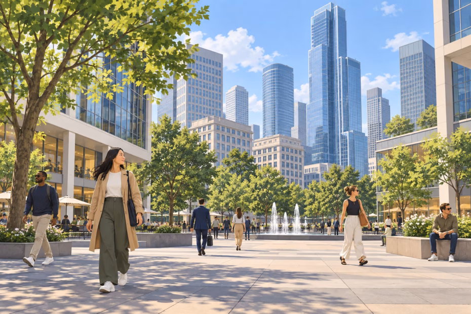 Tall buildings and trees rise above people in a city plaza, illustrating height in context.