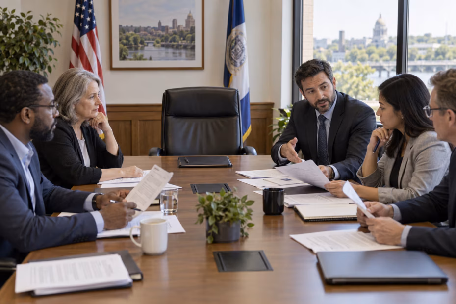 A civic meeting where participants review who has authority to make a decision.