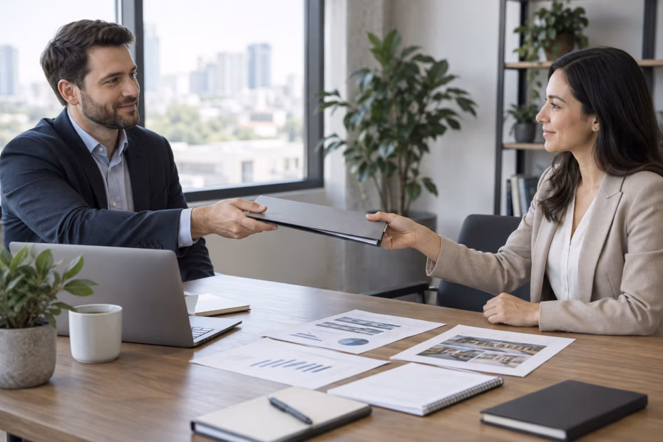 Two colleagues exchange a folder during a planned work handoff.