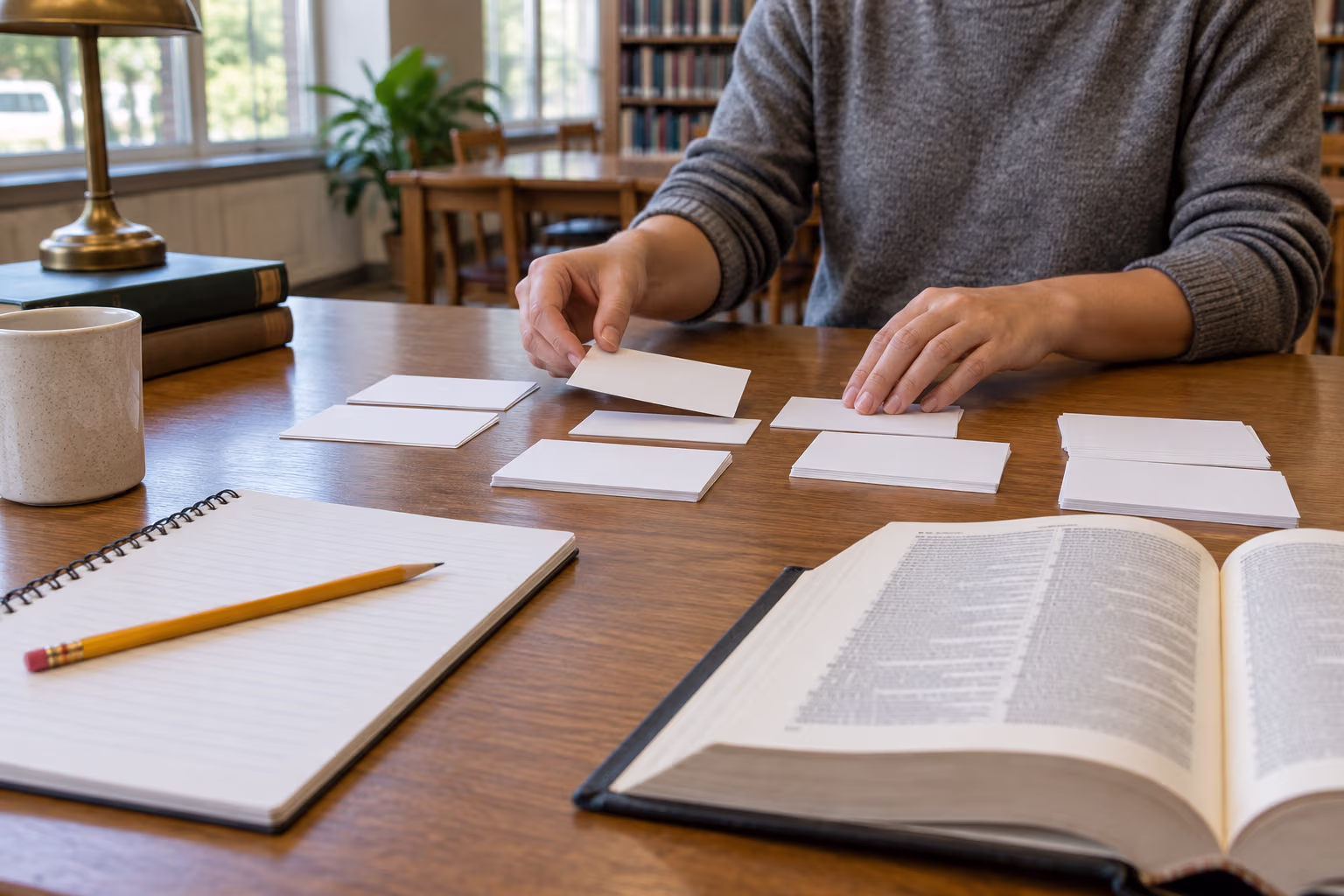 Blank index cards are arranged into small groups beside a vocabulary notebook.