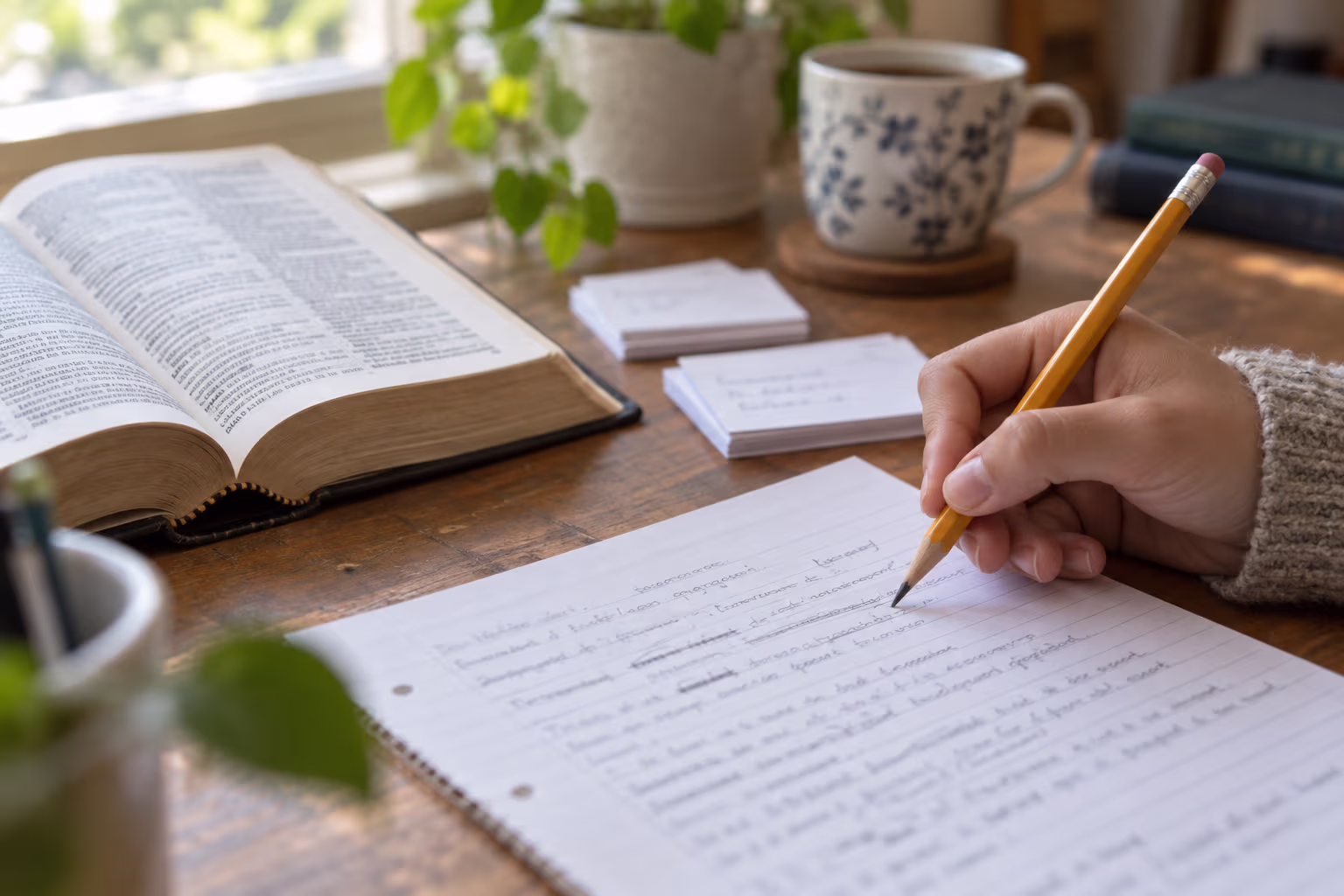 A writer marks a page beside a dictionary and reference cards.
