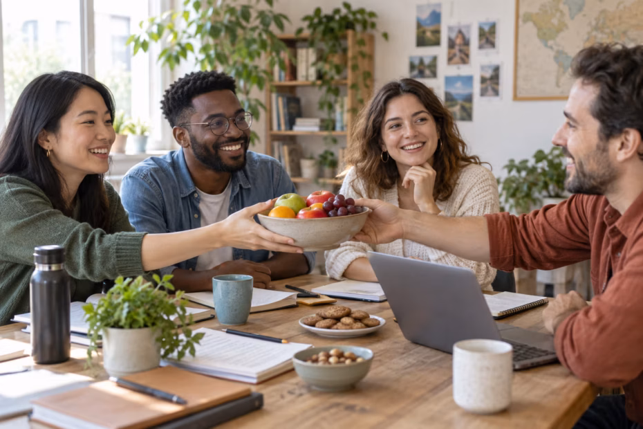 Friends at a table pass a bowl of fruit while sharing food and conversation.