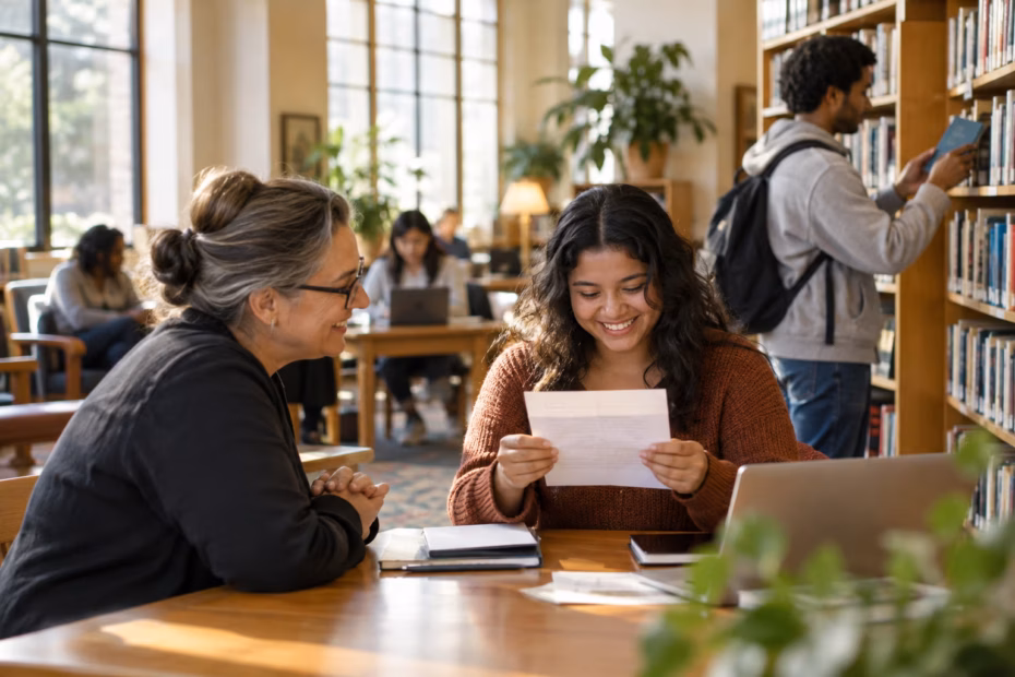 Students sharing a scholarship letter in a library, illustrating access to educational opportunities