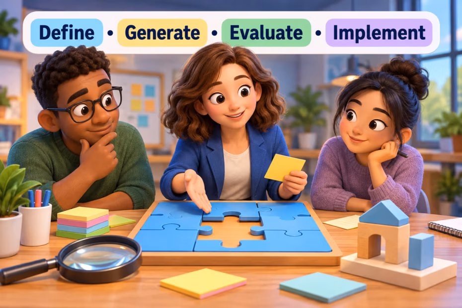 A problem-solving workshop with a puzzle board and the four steps: define, generate, evaluate, and implement.