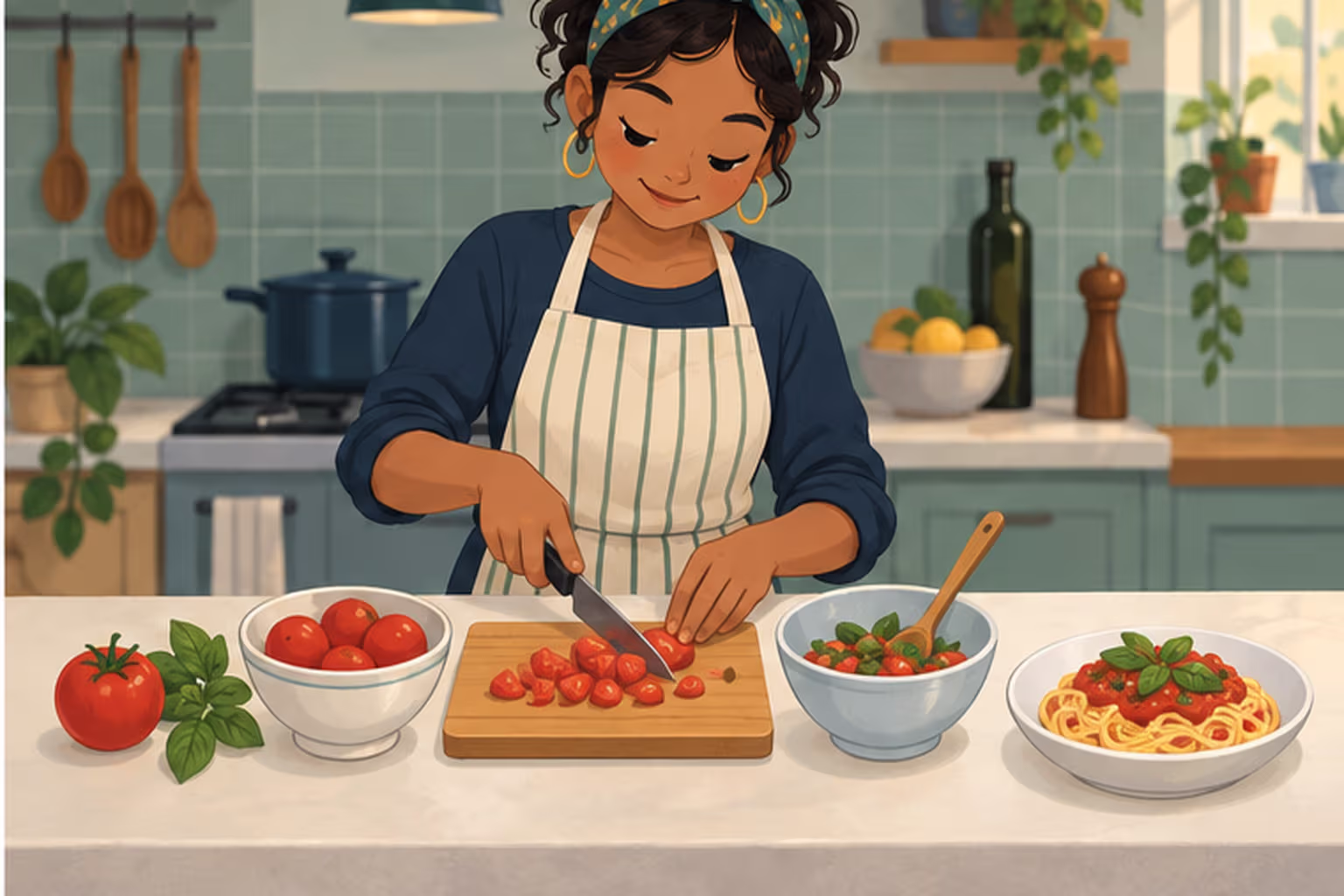 A cook follows a small series of preparation steps laid out in order on a kitchen counter.