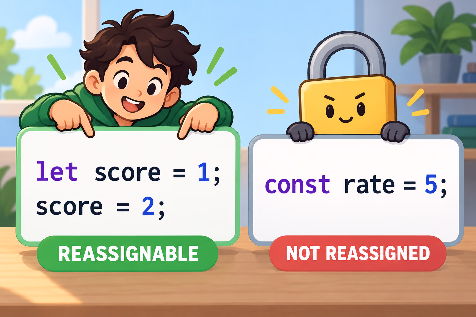 A code card shows let score reassigned from one to two and const rate fixed at five.