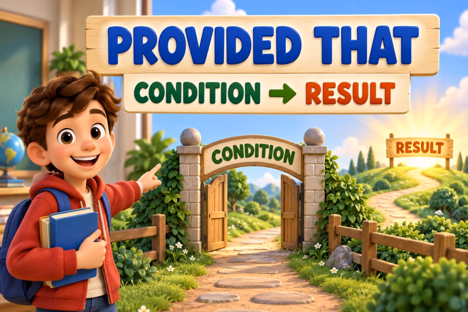 A student follows a path through a condition gate toward a result; “provided that” introduces the condition.