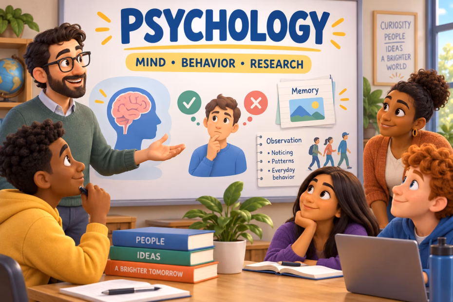 An illustrated psychology class studies a mind-and-behavior concept with research notes and diagrams