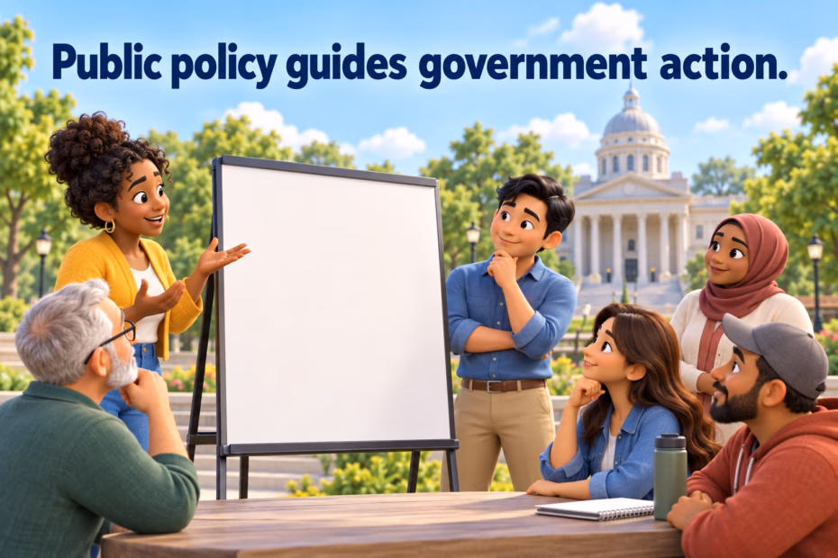 Community members consider a public-service plan, illustrating public policy guiding government action.