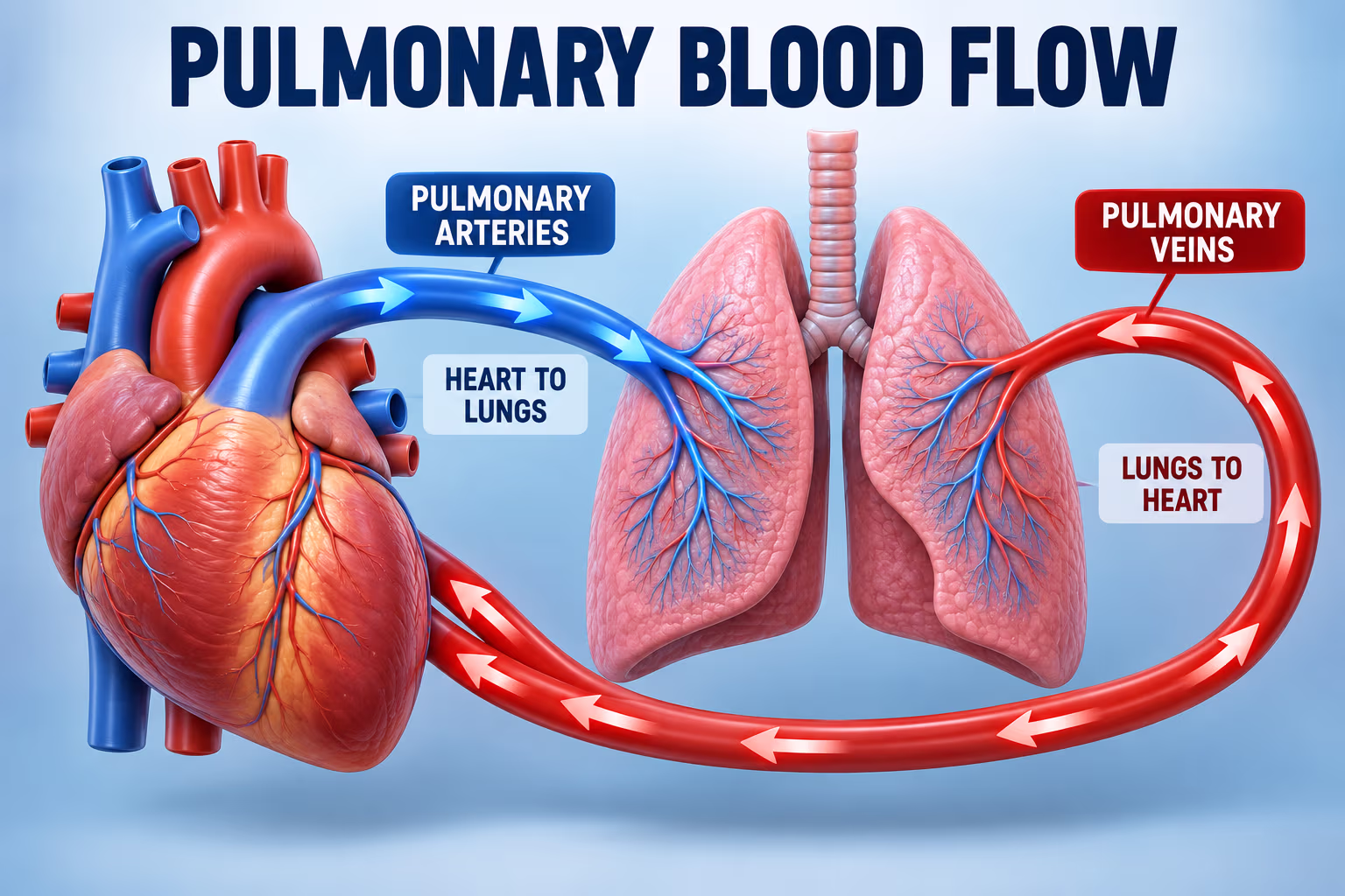 Pulmonary circulation infographic showing pulmonary arteries carrying blood from the heart to the lungs and pulmonary veins returning it to the heart