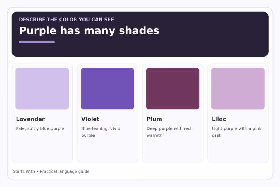 Purple includes pale lavender, blue-leaning violet, deep warm plum, and pink-cast lilac swatches.
