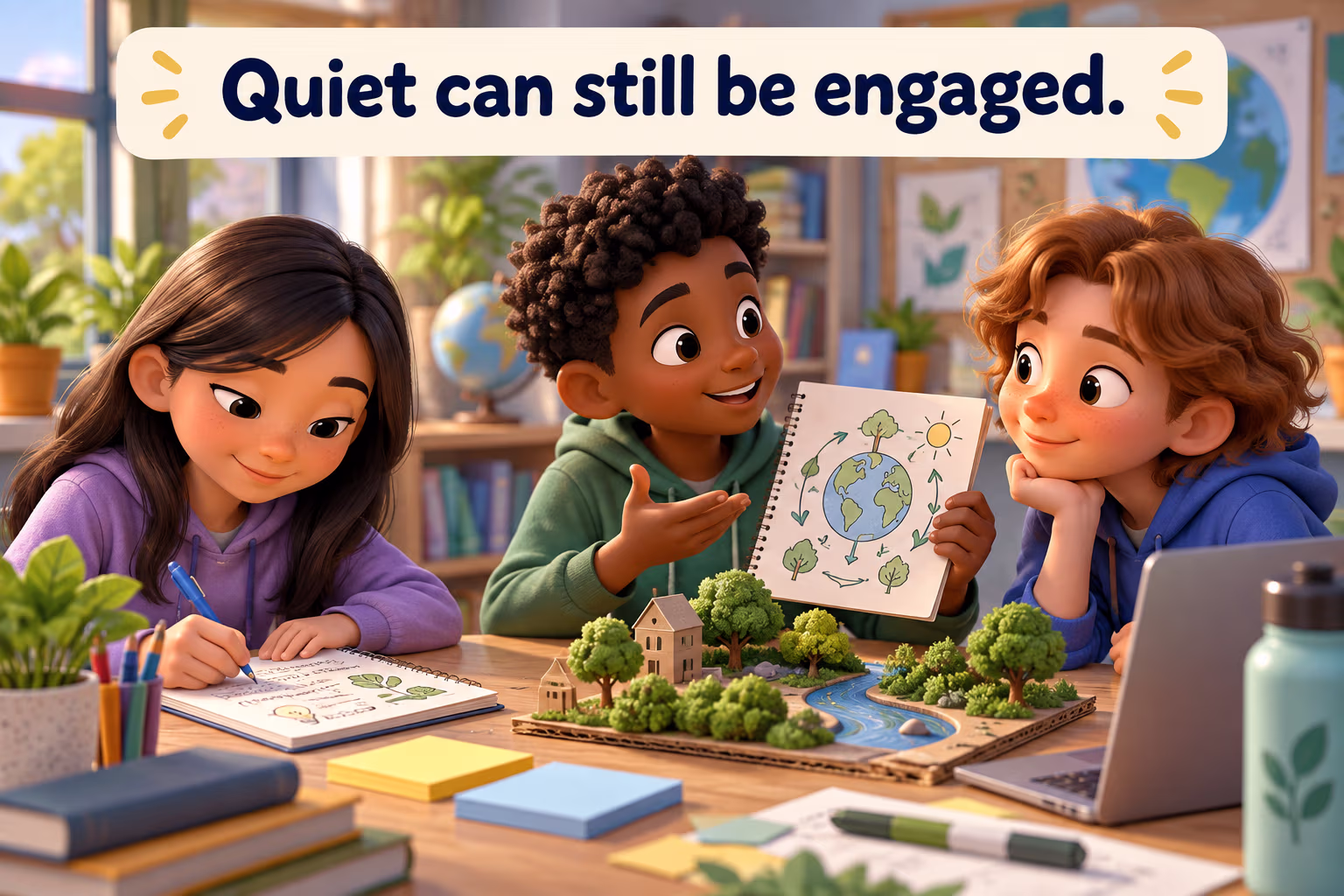 A quiet learner writes while a teammate shares an idea. Quiet can still be engaged.