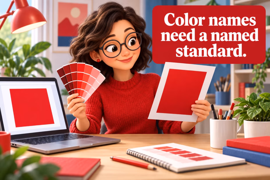 A researcher compares a red digital swatch, physical paint fan deck, and print proof; color names need a named standard.