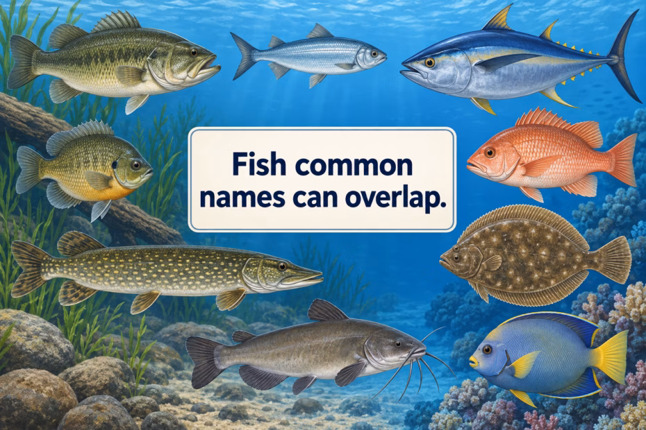 A field-guide collage of fish with the teaching point that common names can overlap