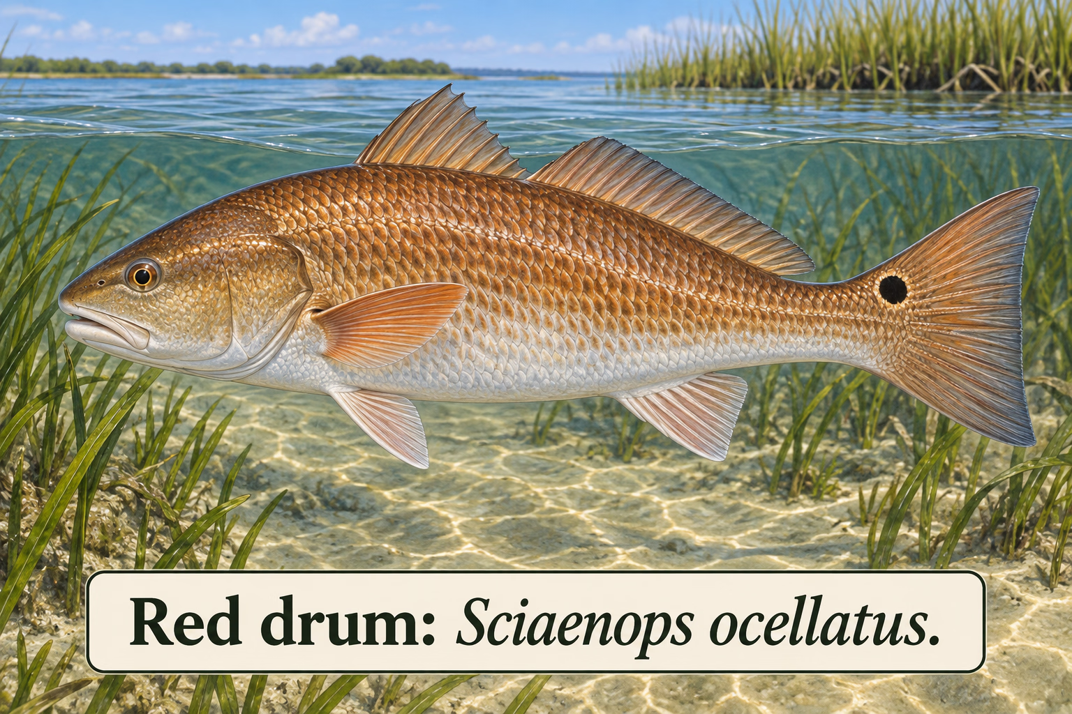 Red drum Sciaenops ocellatus with its identifying tail spot