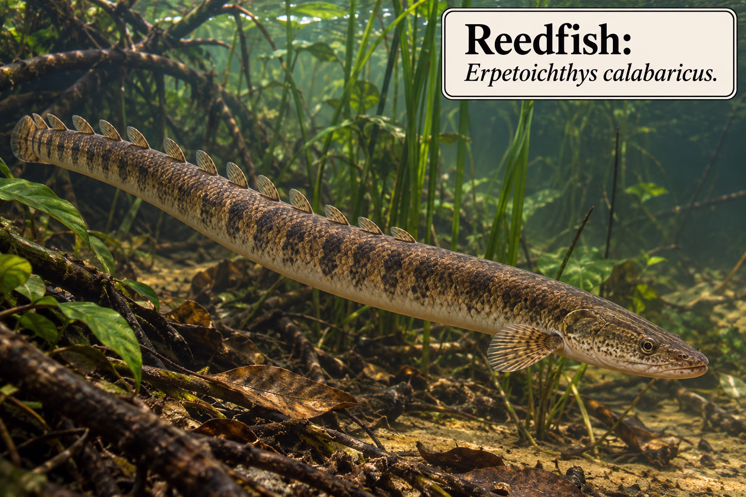 African reedfish Erpetoichthys calabaricus in vegetated freshwater