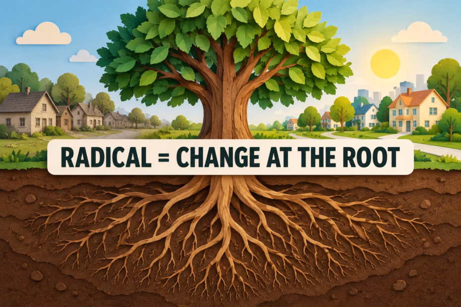Illustration of tree roots with the teaching point “Radical = change at the root.”