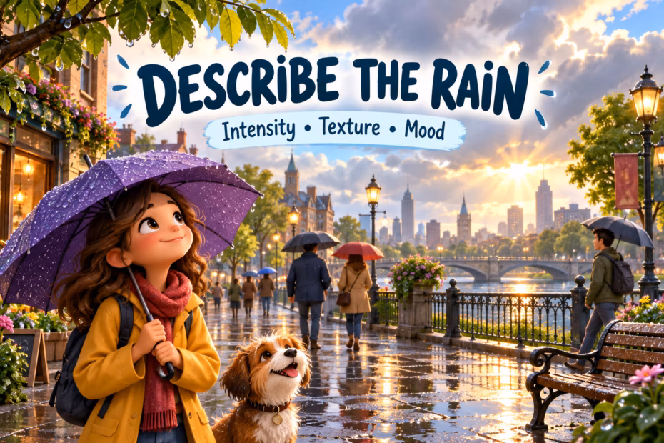 Animated rainy city scene illustrating rain descriptions by intensity, texture, and mood.